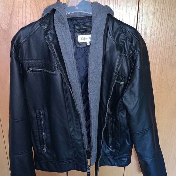 Mens Calvin Klein Removable Hoodie Leather Jacket
